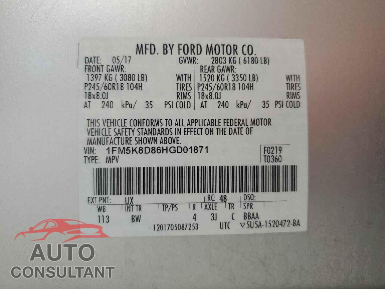 FORD EXPLORER 2017 - 1FM5K8D86HGD01871