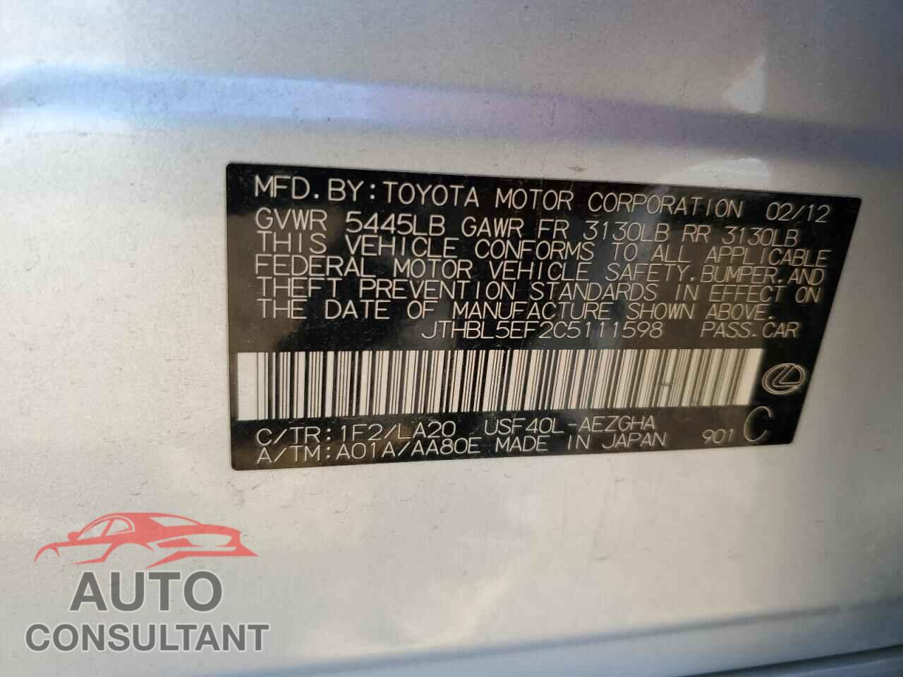 LEXUS LS460 2012 - JTHBL5EF2C5111598