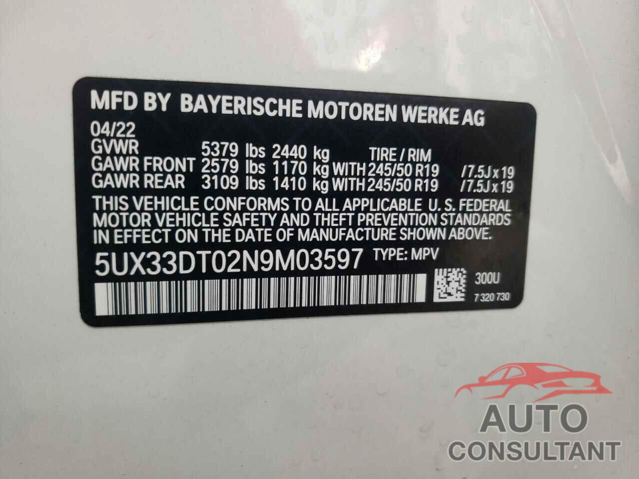BMW X4 2022 - 5UX33DT02N9M03597