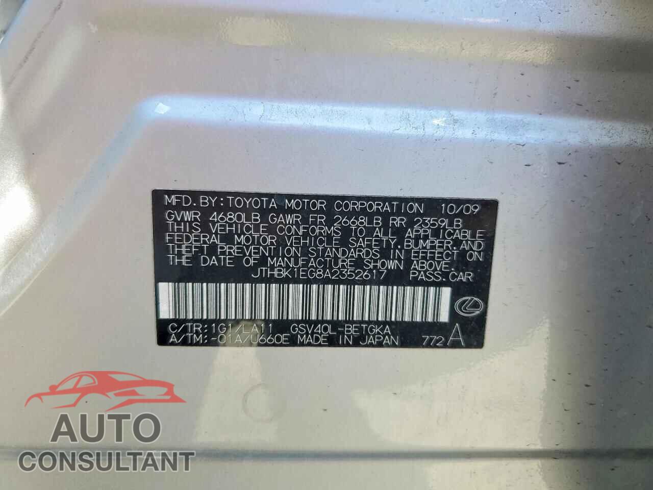 LEXUS ES350 2010 - JTHBK1EG8A2352617