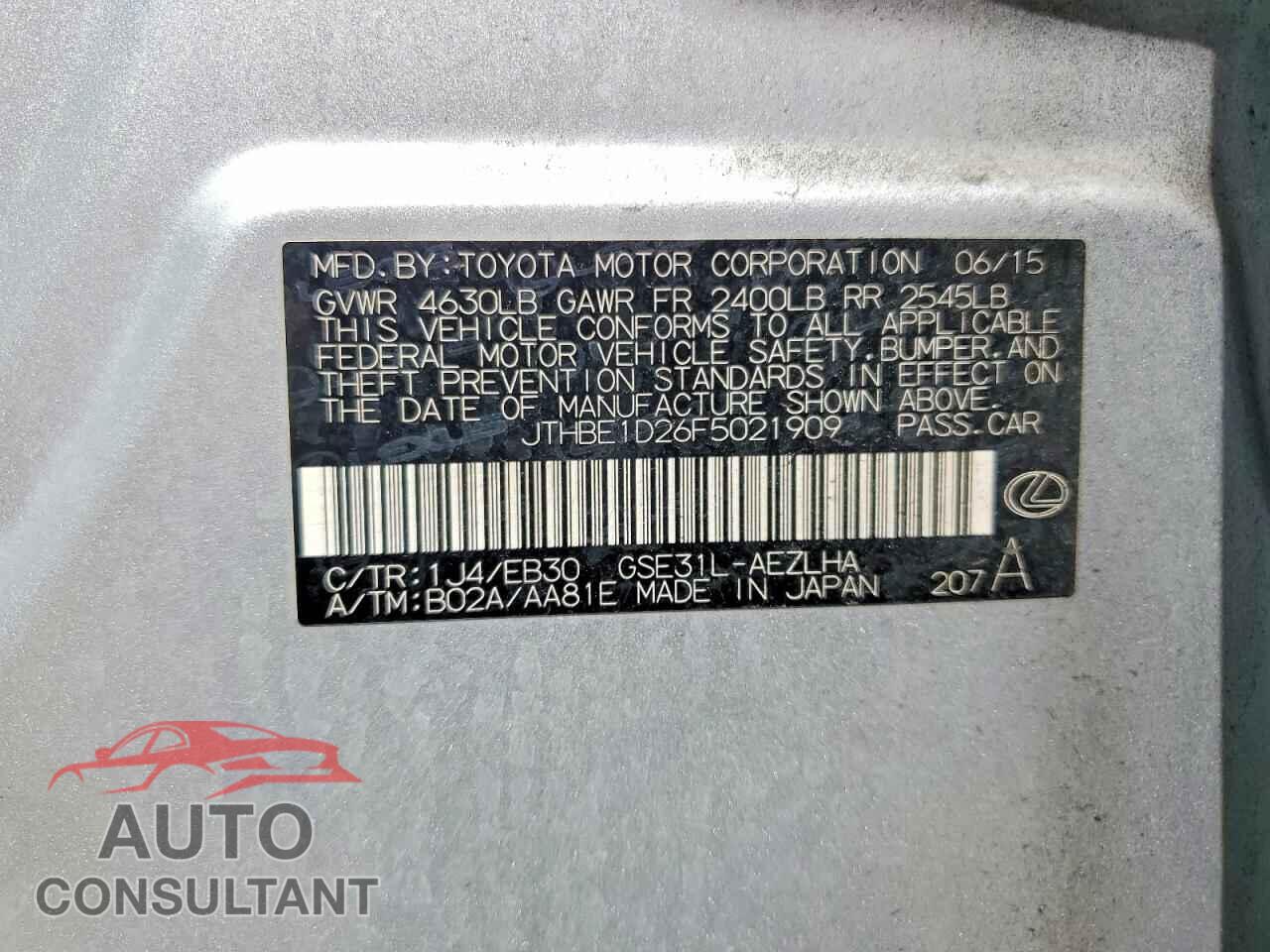 LEXUS IS 2015 - JTHBE1D26F5021909