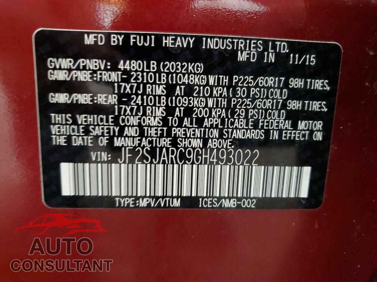 SUBARU FORESTER 2016 - JF2SJARC9GH493022