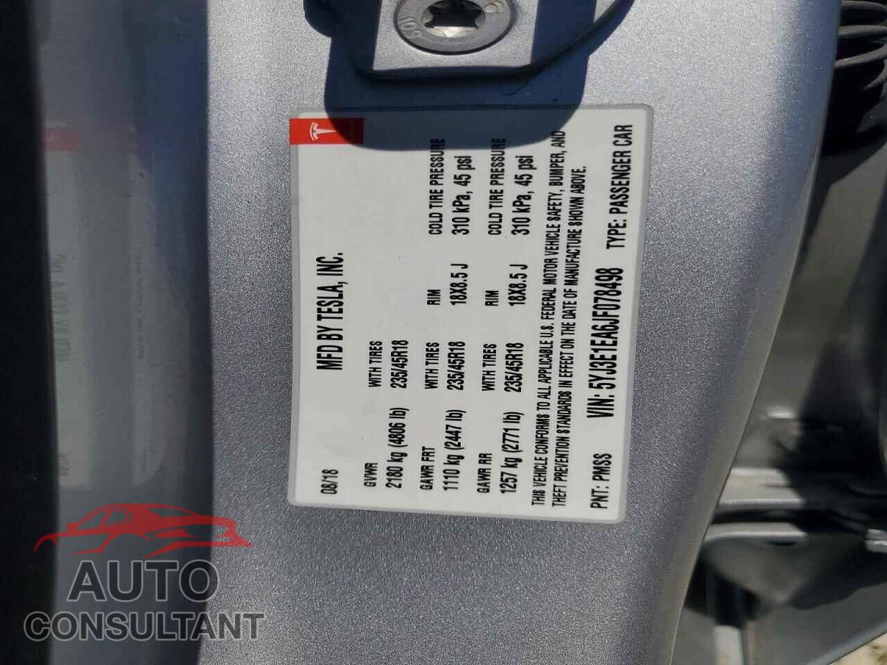 TESLA MODEL 3 2018 - 5YJ3E1EA6JF078498