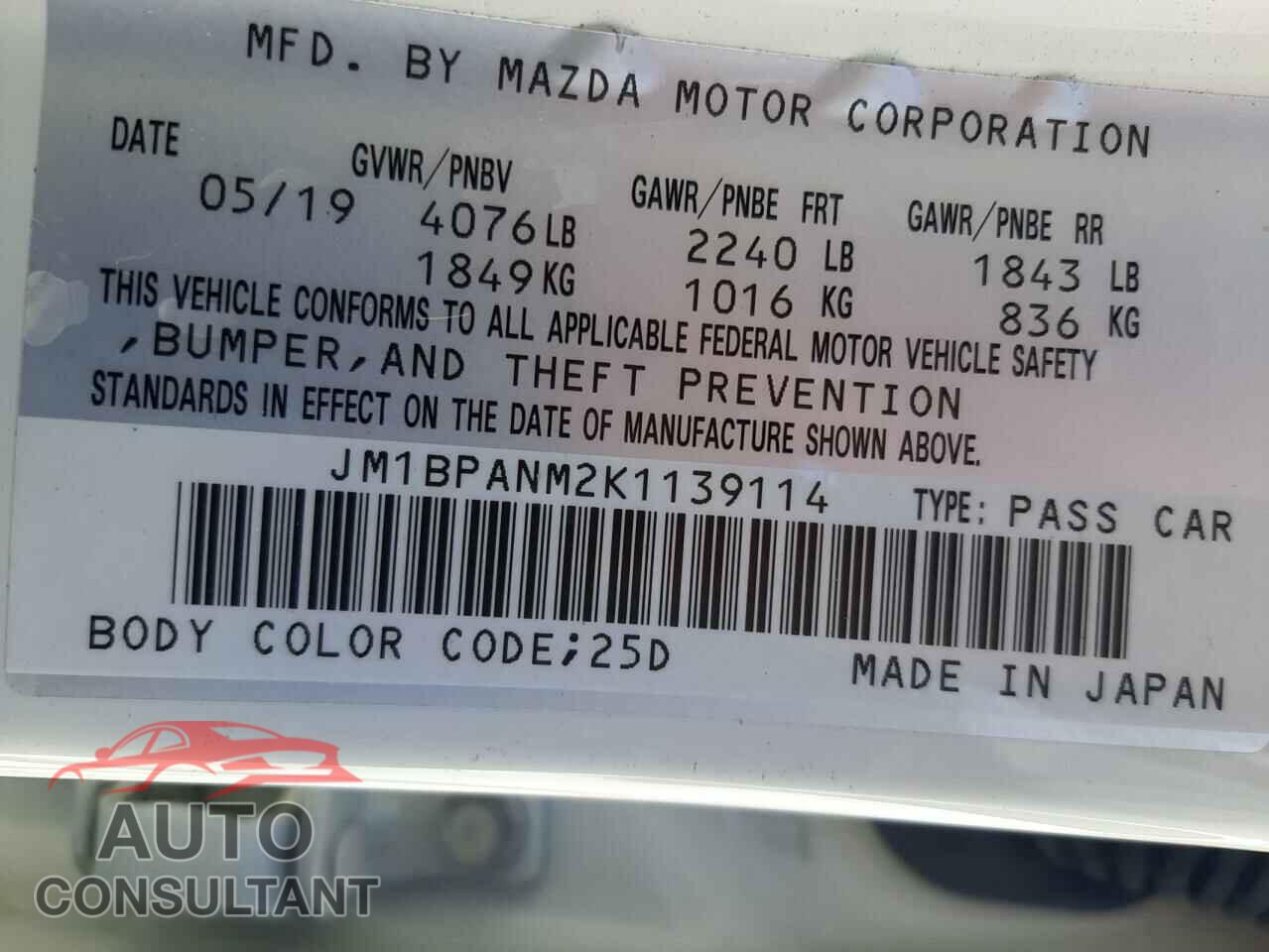 MAZDA 3 2019 - JM1BPANM2K1139114