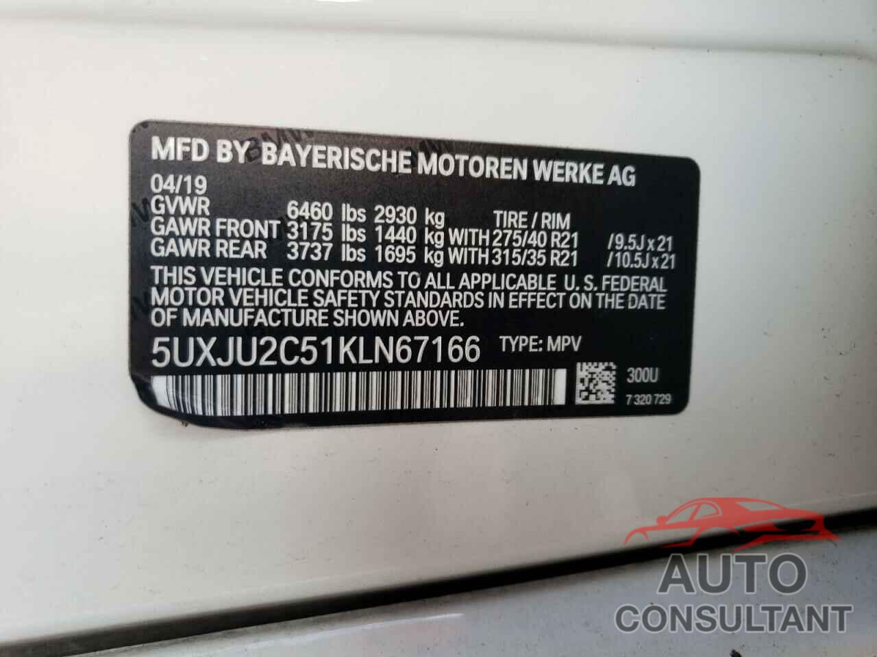 BMW X5 2019 - 5UXJU2C51KLN67166