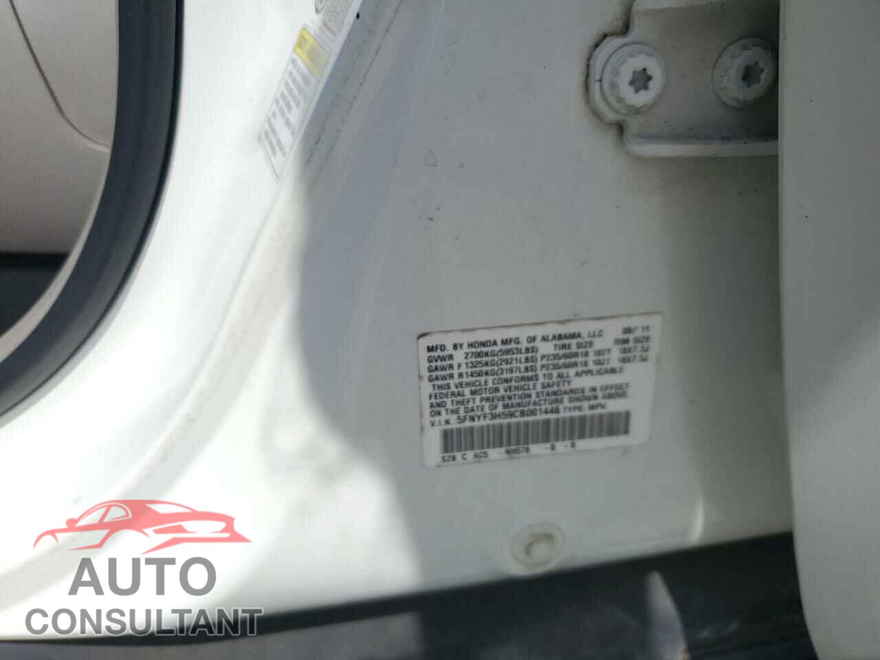 HONDA PILOT 2012 - 5FNYF3H59CB001446