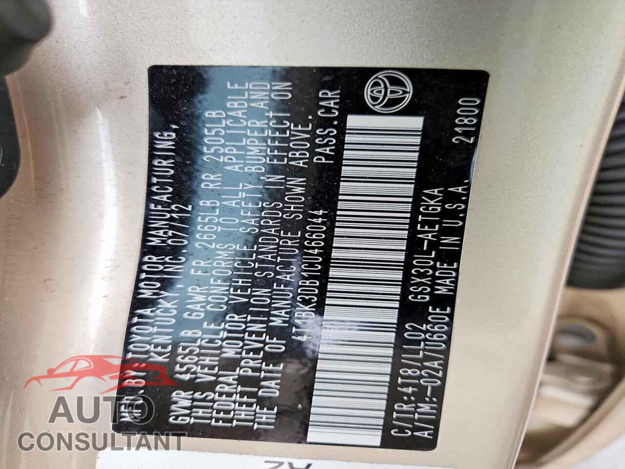 TOYOTA AVALON 2012 - 4T1BK3DB1CU466044