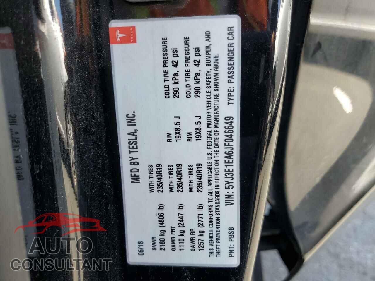 TESLA MODEL 3 2018 - 5YJ3E1EA6JF046649
