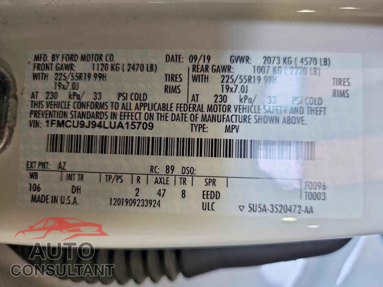 FORD ESCAPE 2020 - 1FMCU9J94LUA15709