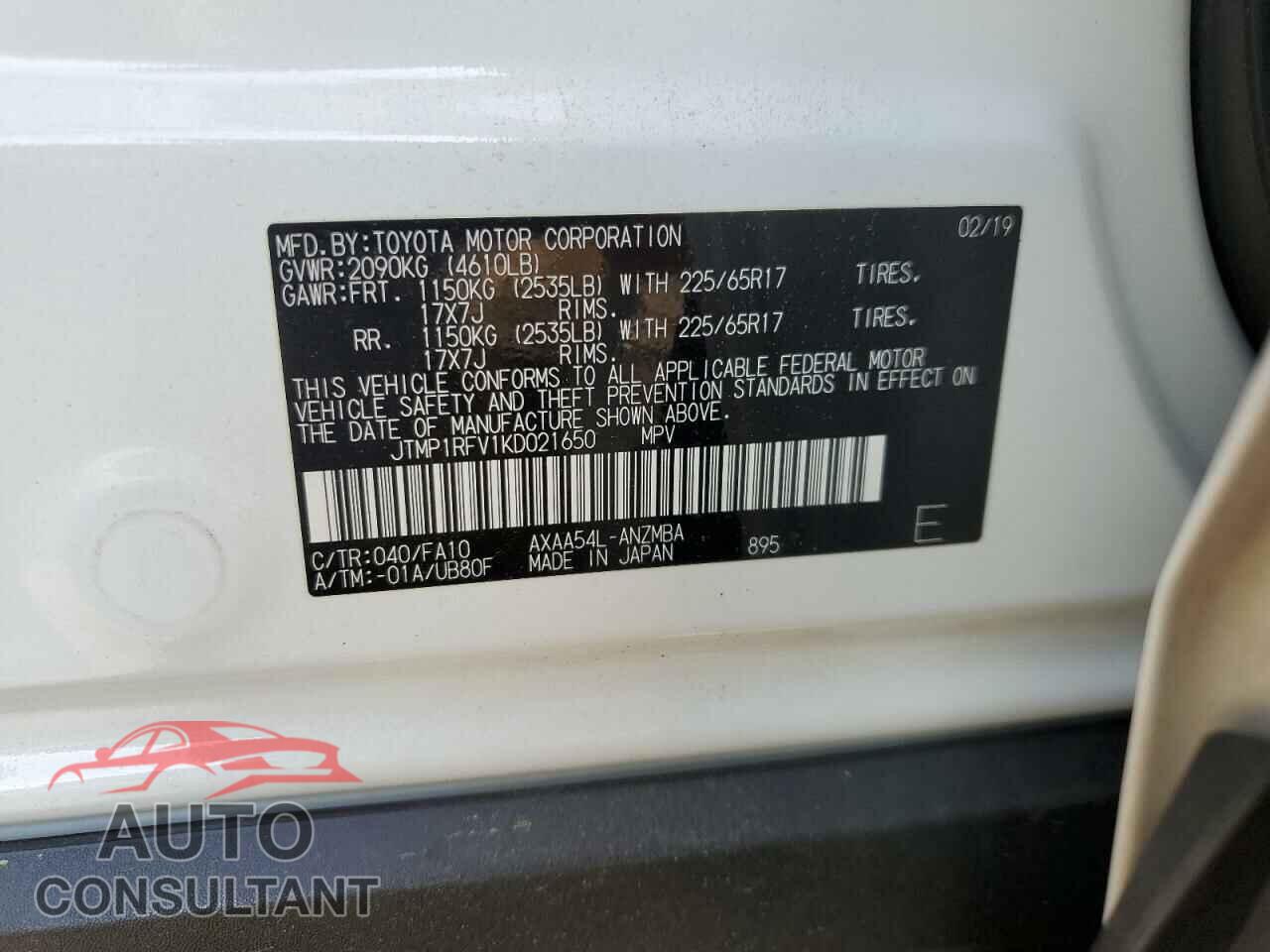 TOYOTA RAV4 2019 - JTMP1RFV1KD021650