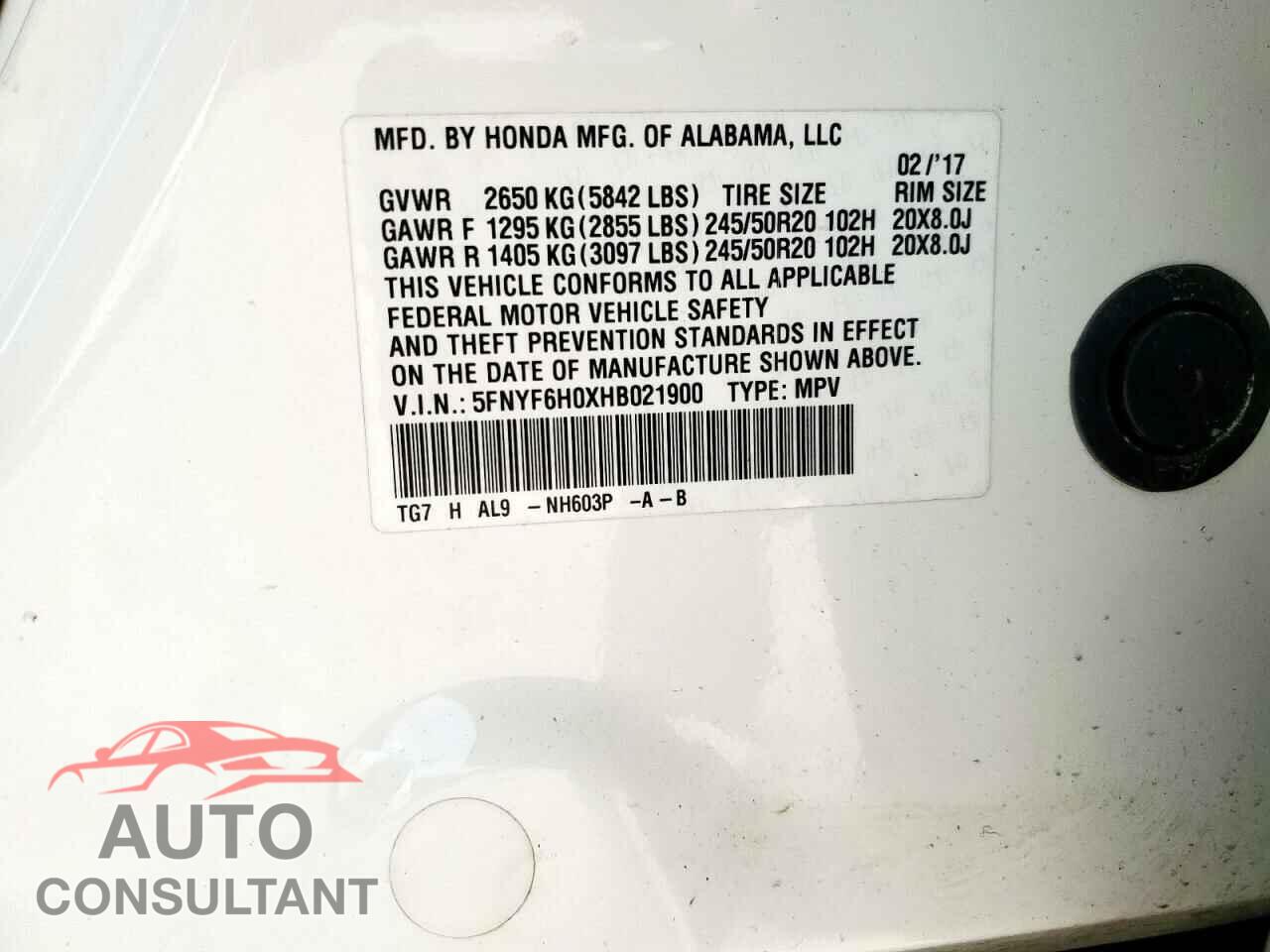 HONDA PILOT 2017 - 5FNYF6H0XHB021900
