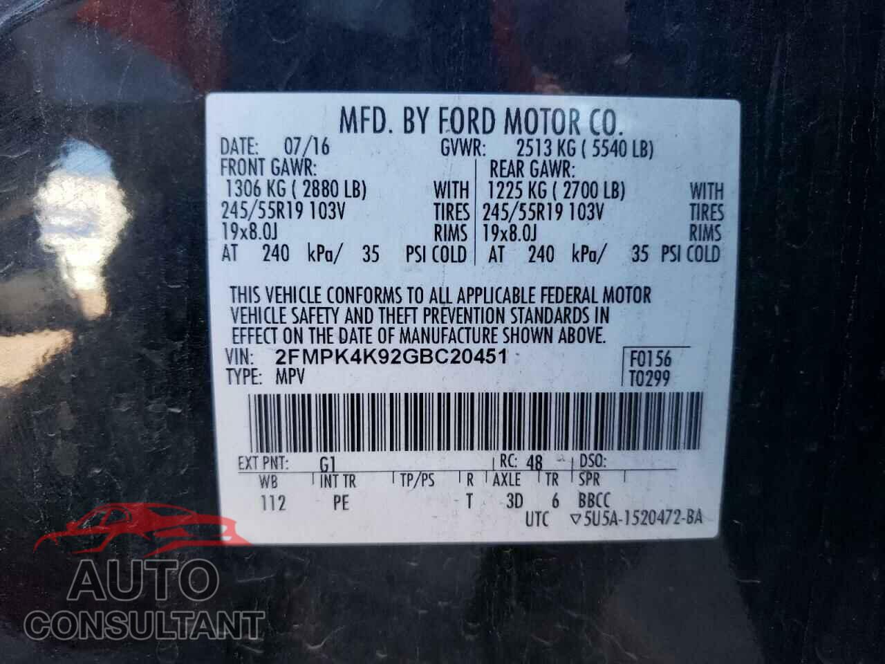 FORD EDGE 2016 - 2FMPK4K92GBC20451