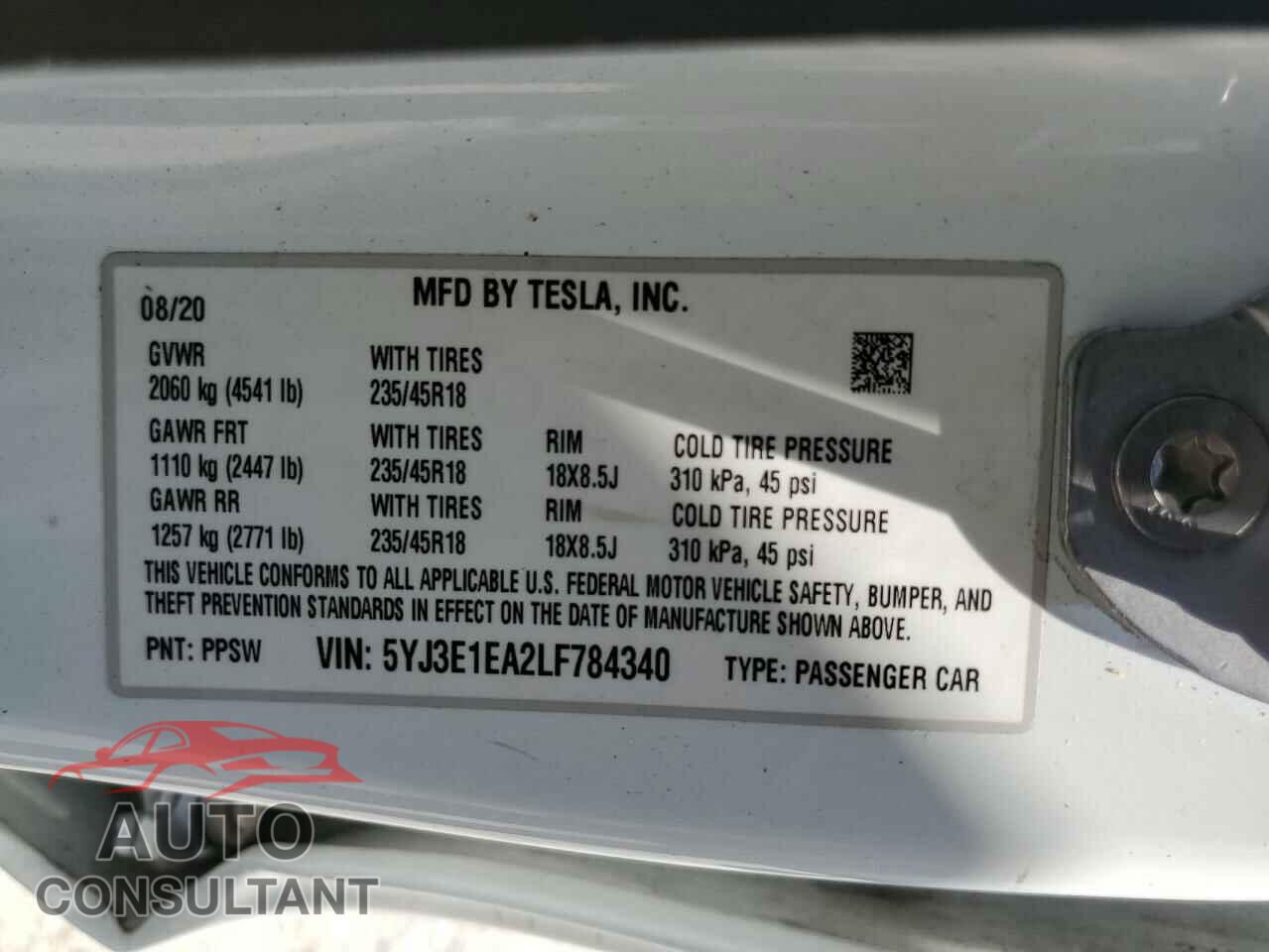 TESLA MODEL 3 2020 - 5YJ3E1EA2LF784340