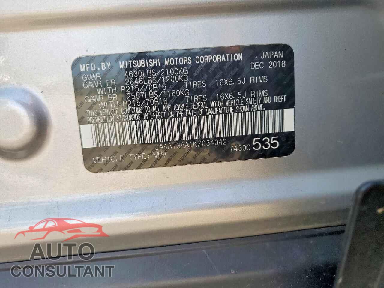 MITSUBISHI ECLIPSE 2019 - JA4AT3AA1KZ034042