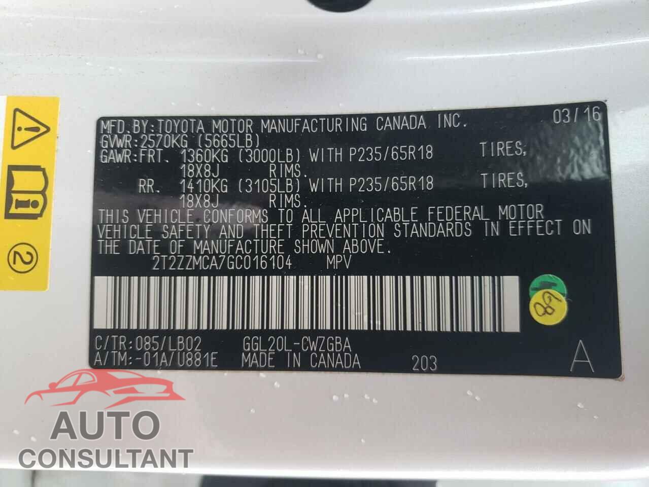 LEXUS RX350 2016 - 2T2ZZMCA7GC016104