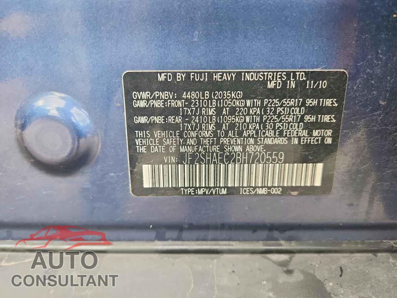 SUBARU FORESTER 2011 - JF2SHAEC2BH720559