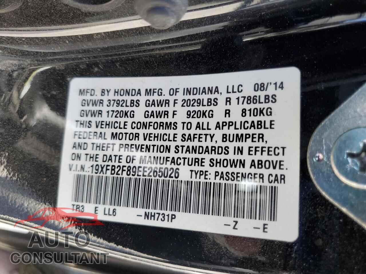 HONDA CIVIC 2014 - 19XFB2F89EE265026