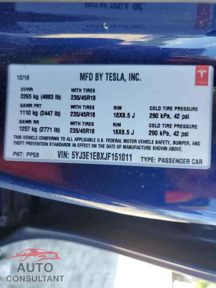 TESLA MODEL 3 2018 - 5YJ3E1EBXJF151011