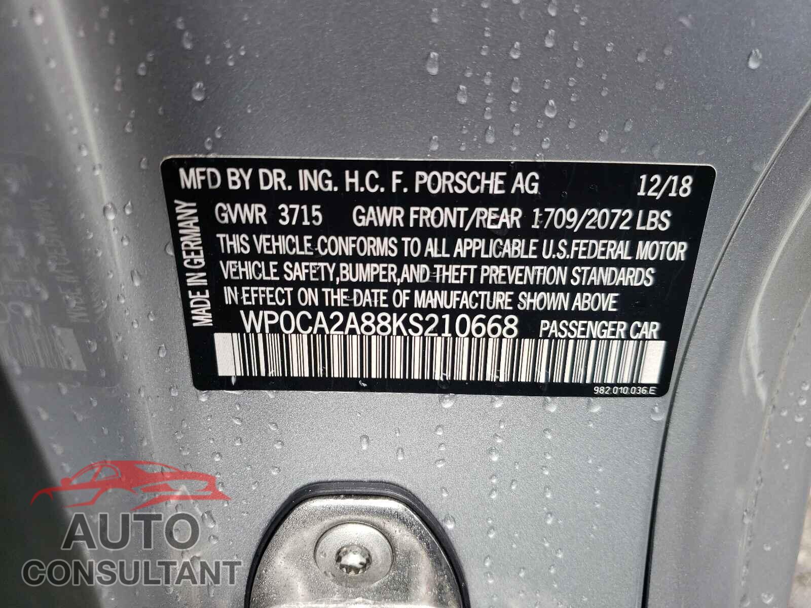 PORSCHE BOXSTER 2019 - WP0CA2A88KS210668