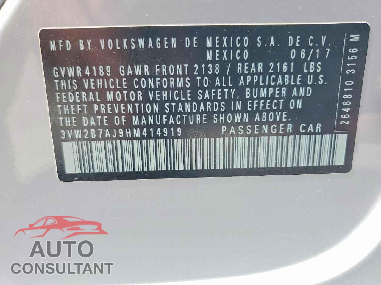 VOLKSWAGEN JETTA 2017 - 3VW2B7AJ9HM414919