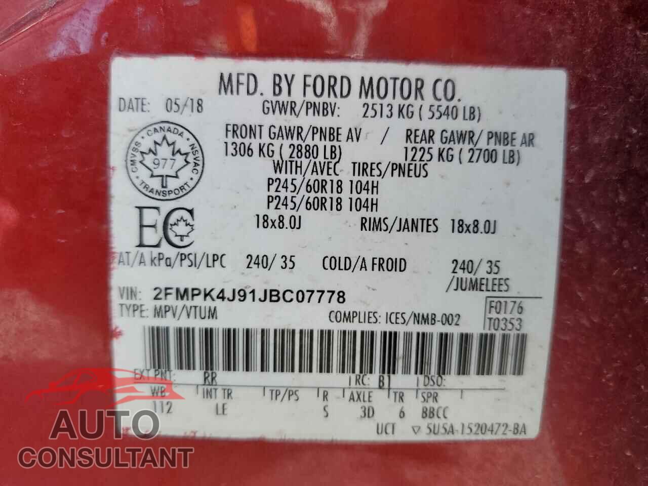 FORD EDGE 2018 - 2FMPK4J91JBC07778