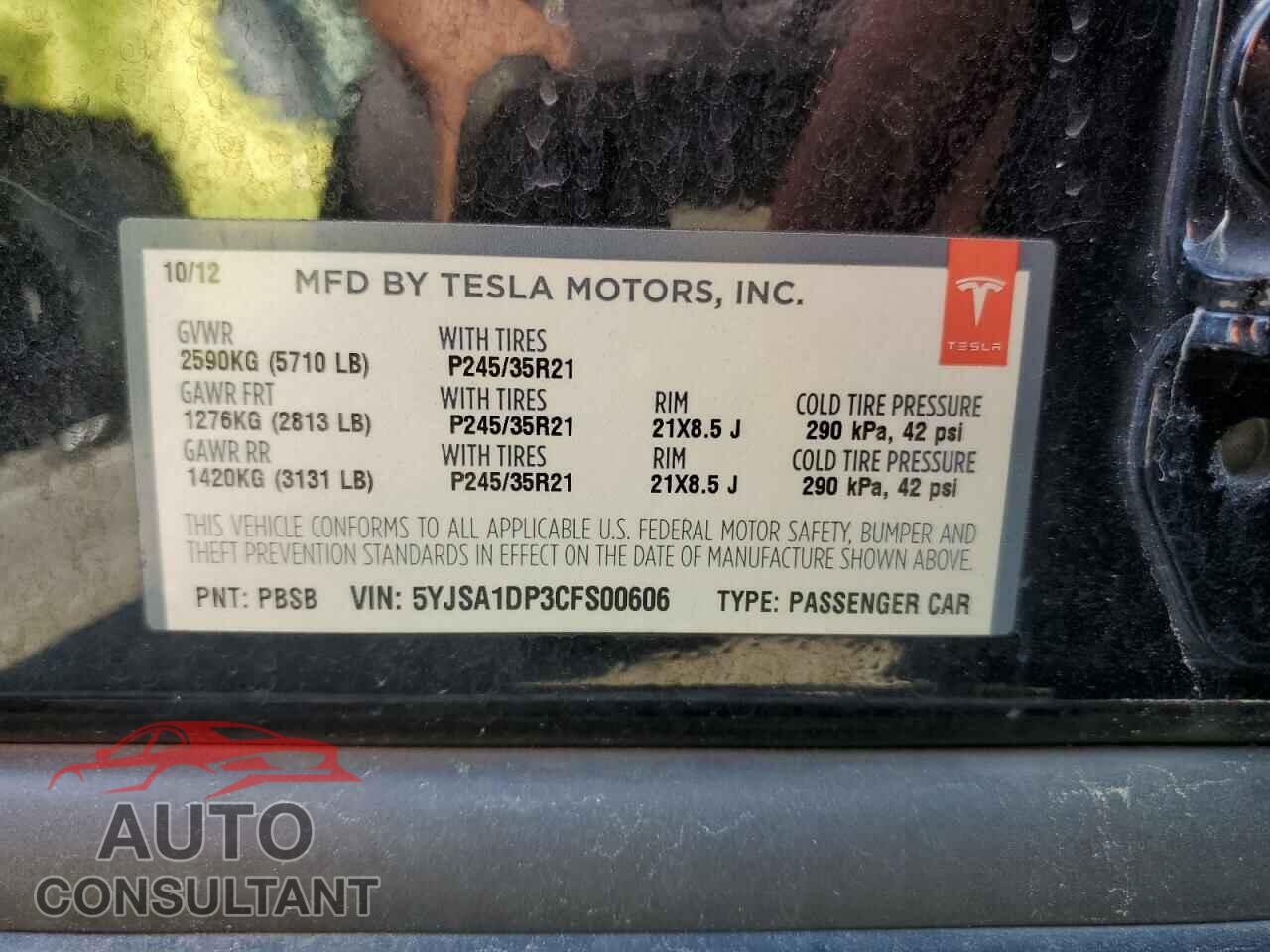 TESLA MODEL S 2012 - 5YJSA1DP3CFS00606