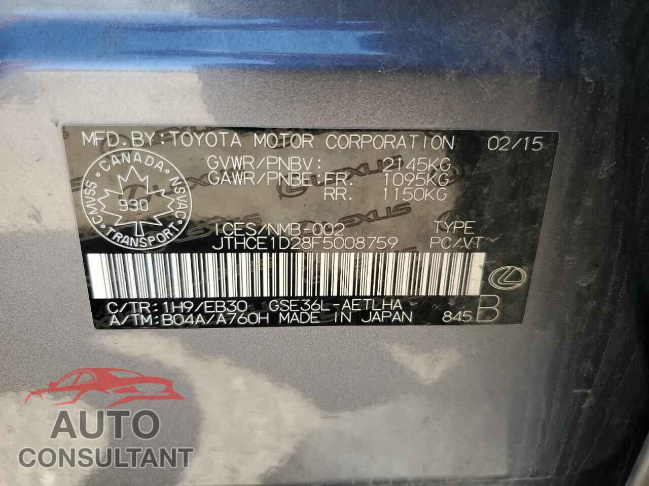 LEXUS IS 2015 - JTHCE1D28F5008759
