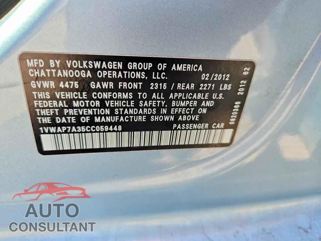 VOLKSWAGEN PASSAT 2012 - 1VWAP7A35CC059448