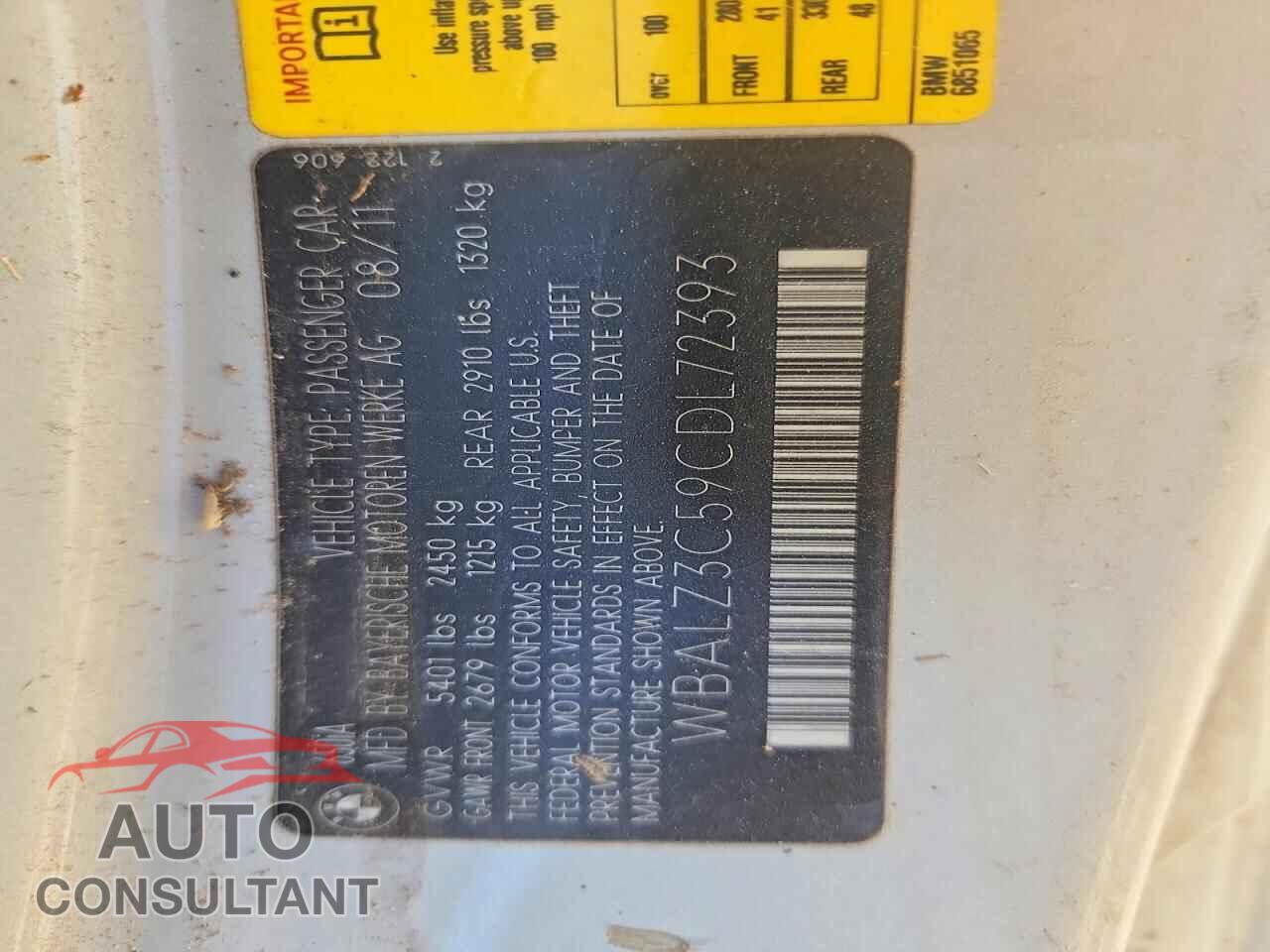 BMW 6 SERIES 2012 - WBALZ3C59CDL72393