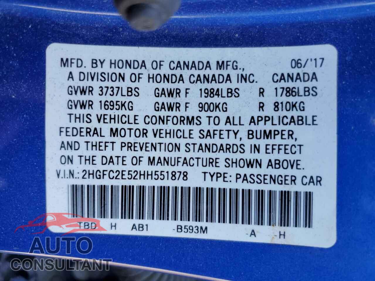 HONDA CIVIC 2017 - 2HGFC2E52HH551878