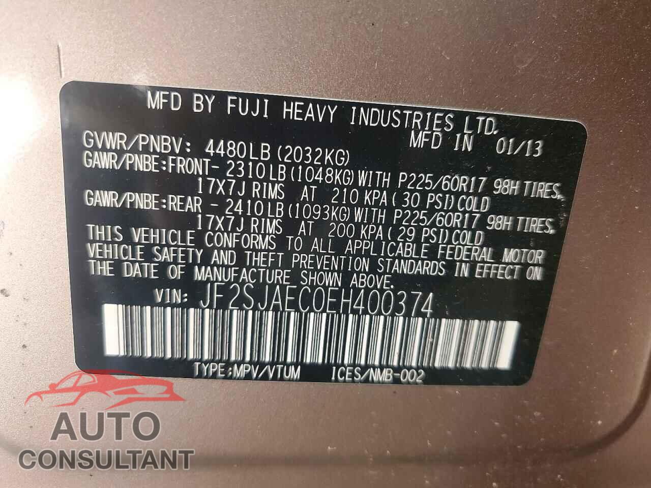 SUBARU FORESTER 2014 - JF2SJAEC0EH400374