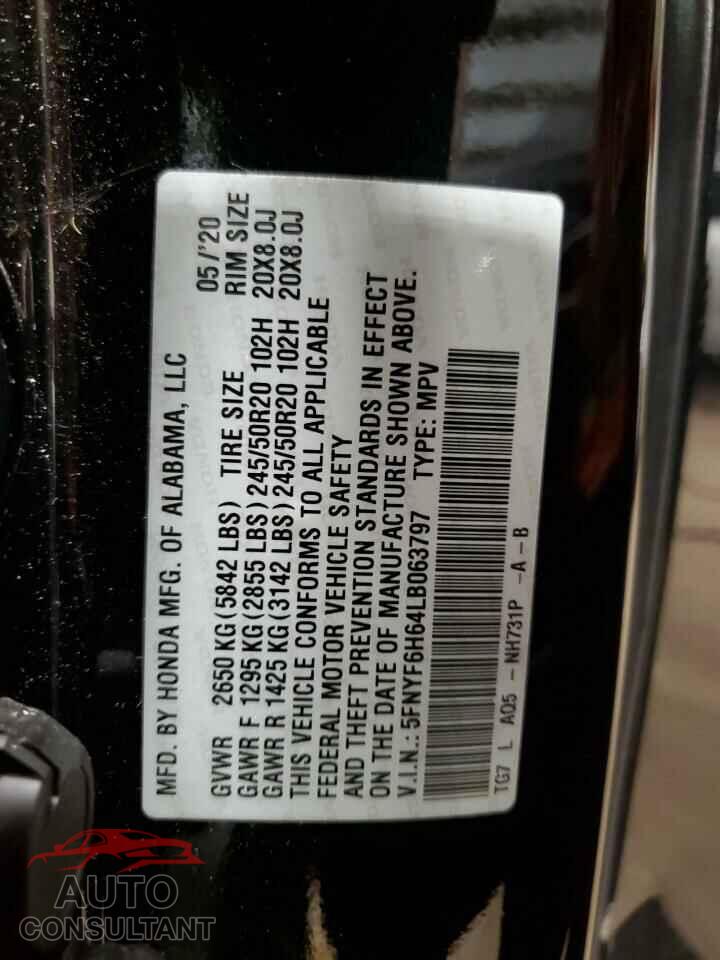 HONDA PILOT 2020 - 5FNYF6H64LB063797