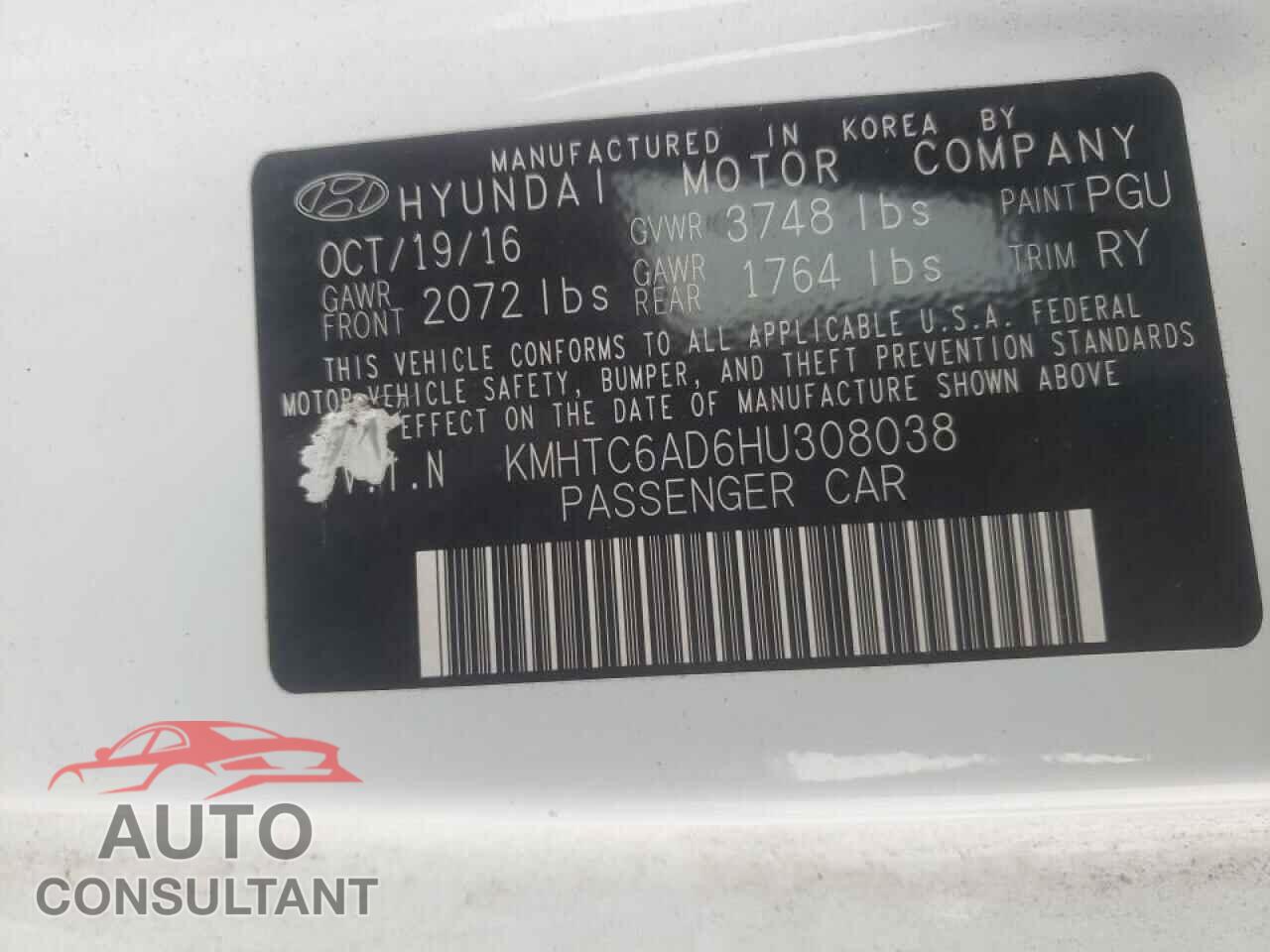 HYUNDAI VELOSTER 2017 - KMHTC6AD6HU308038