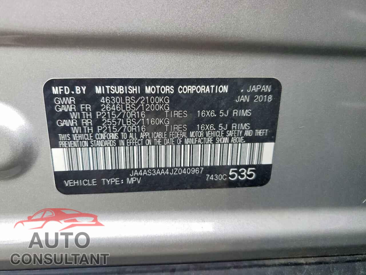 MITSUBISHI ECLIPSE 2018 - JA4AS3AA4JZ040967