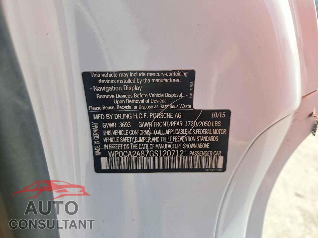 PORSCHE BOXSTER 2016 - WP0CA2A87GS120712