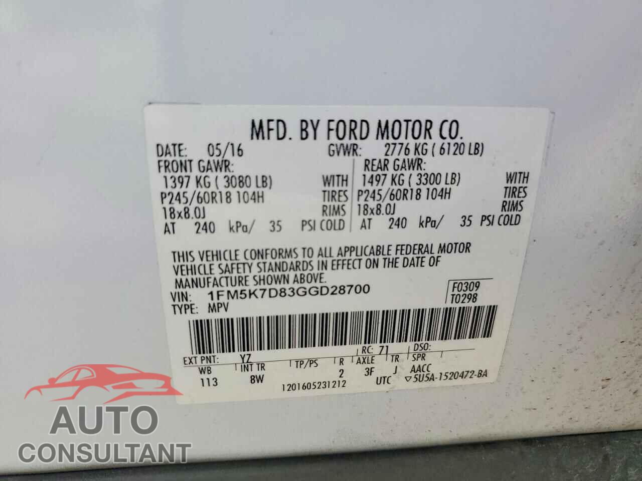 FORD EXPLORER 2016 - 1FM5K7D83GGD28700