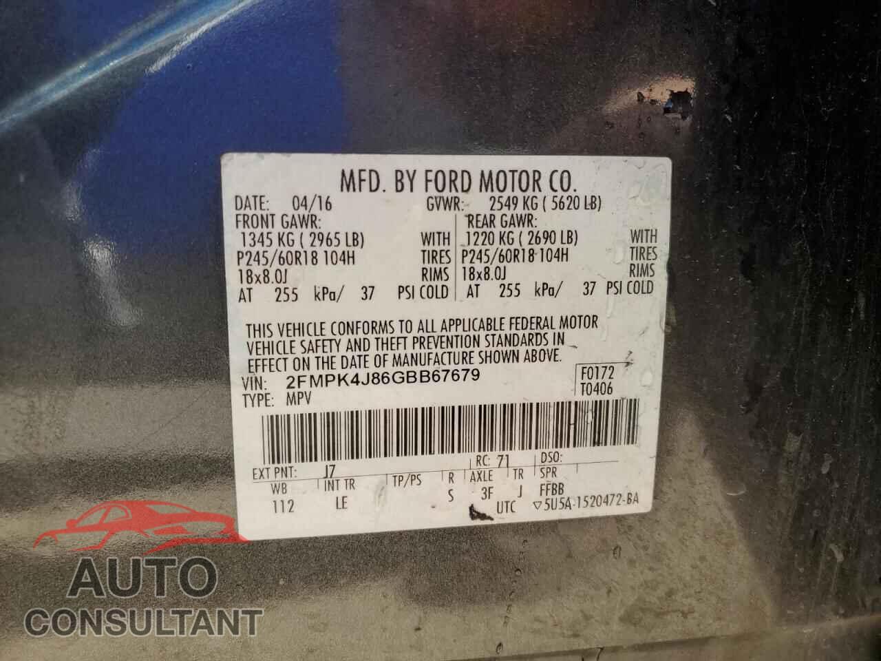 FORD EDGE 2016 - 2FMPK4J86GBB67679
