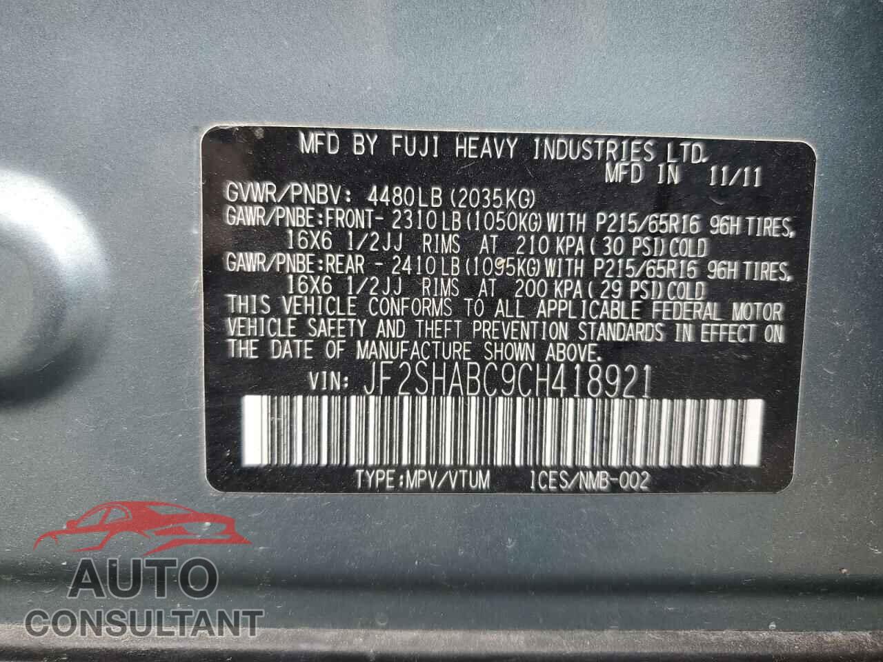 SUBARU FORESTER 2012 - JF2SHABC9CH418921