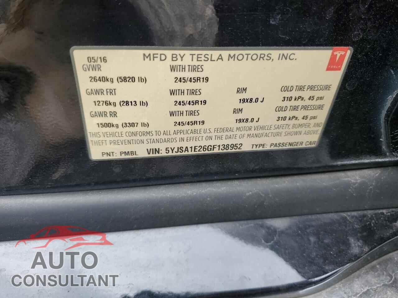 TESLA MODEL S 2016 - 5YJSA1E26GF138952