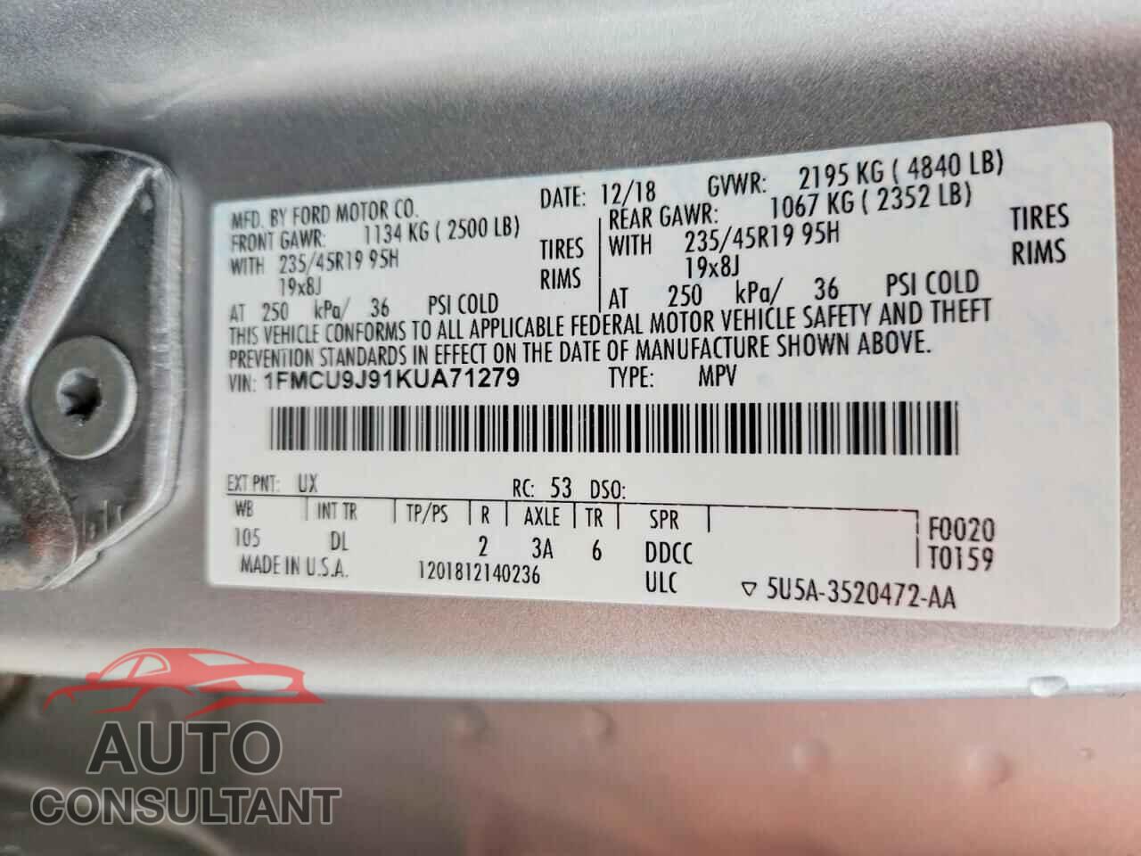 FORD ESCAPE 2019 - 1FMCU9J91KUA71279