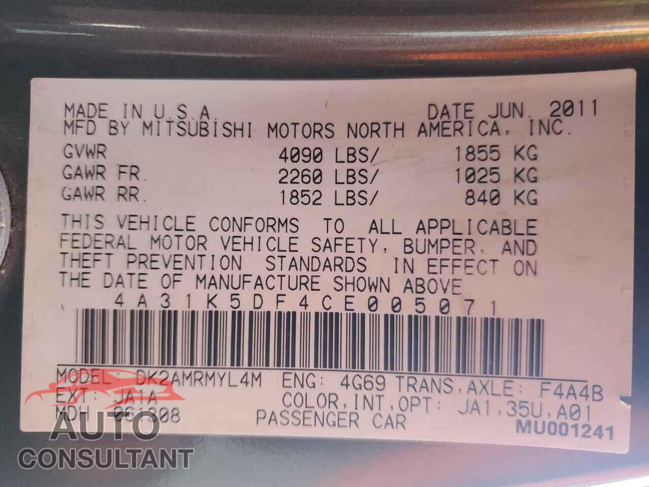 MITSUBISHI ECLIPSE 2012 - 4A31K5DF4CE005071