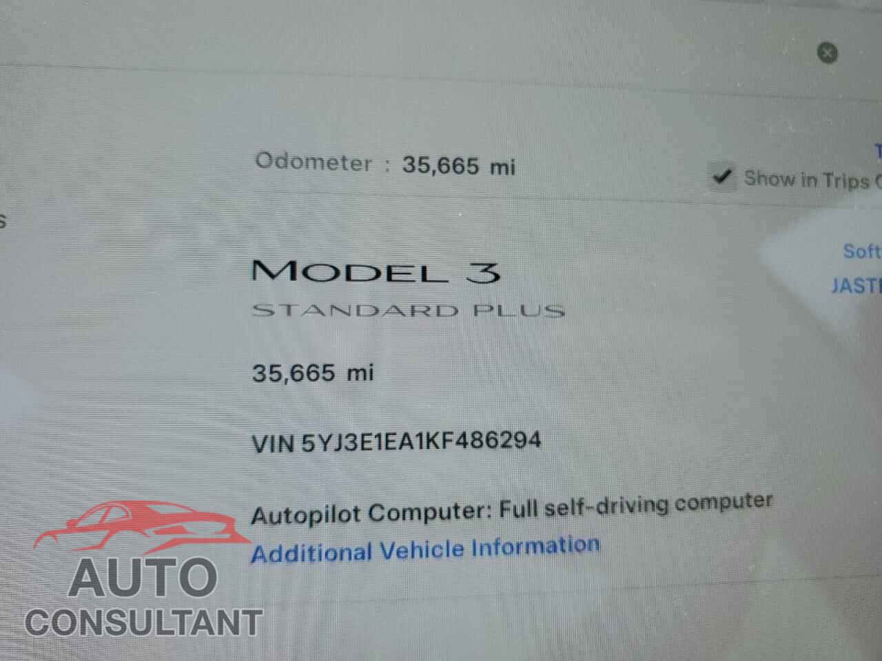 TESLA MODEL 3 2019 - 5YJ3E1EA1KF486294