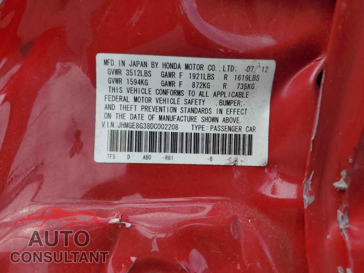 HONDA FIT 2013 - JHMGE8G38DC002208