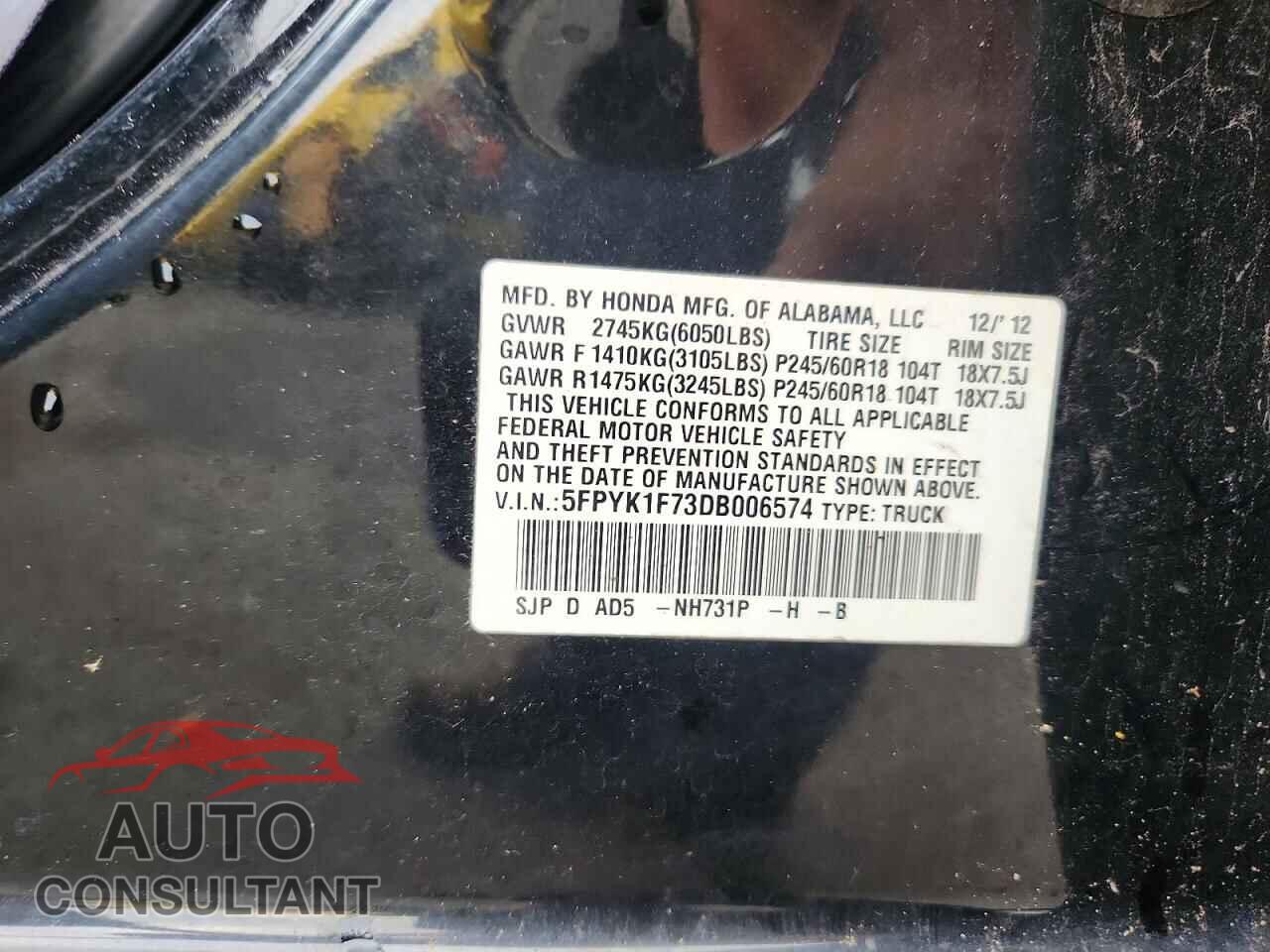 HONDA RIDGELINE 2013 - 5FPYK1F73DB006574