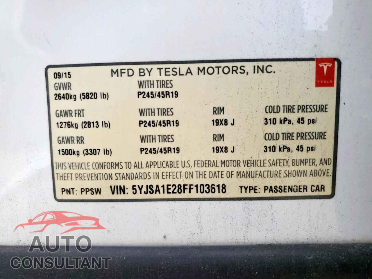 TESLA MODEL S 2015 - 5YJSA1E28FF103618