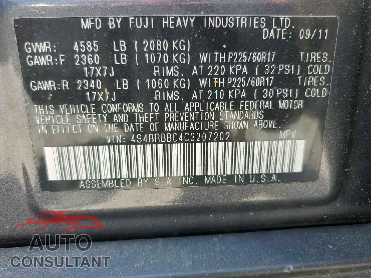 SUBARU OUTBACK 2012 - 4S4BRBBC4C3207202