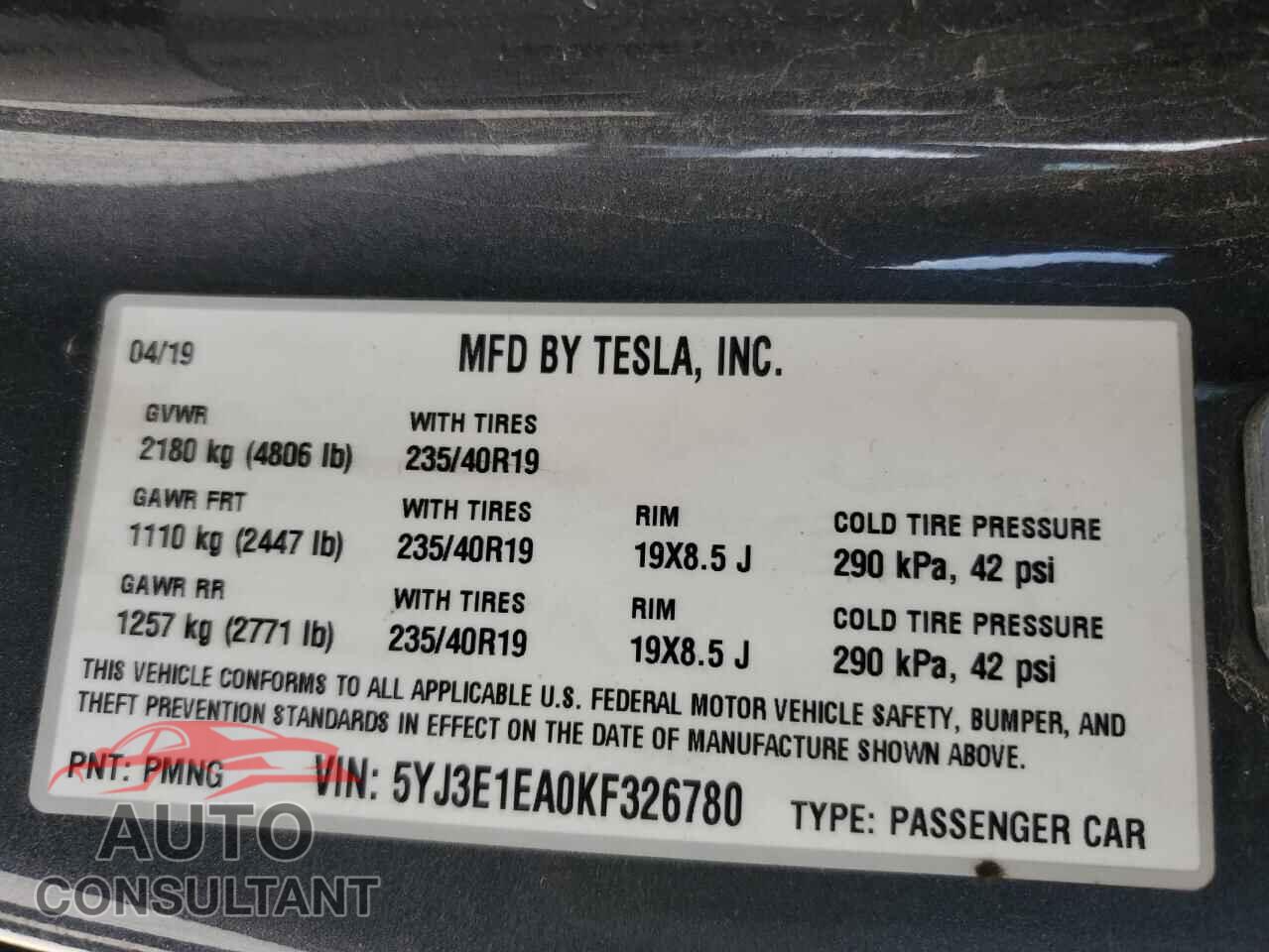 TESLA MODEL 3 2019 - 5YJ3E1EA0KF326780