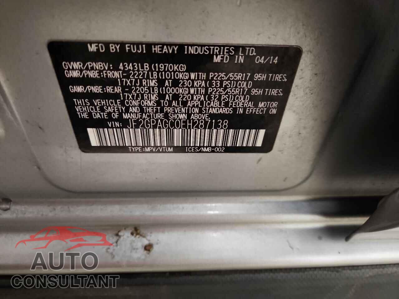 SUBARU XV 2014 - JF2GPAGC0EH287138