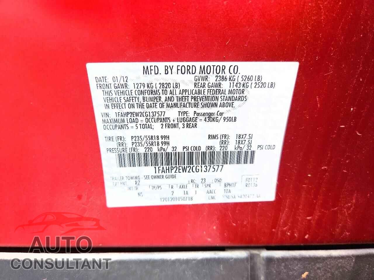 FORD TAURUS 2012 - 1FAHP2EW2CG137577