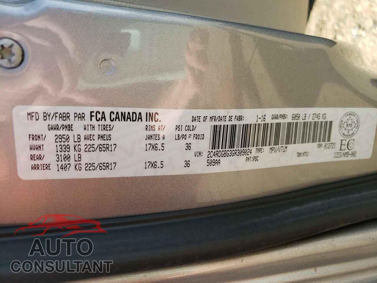 DODGE CARAVAN 2016 - 2C4RDGBG3GR309024